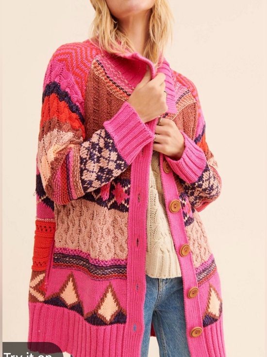 Free People Sweaters - Hot Pink Patterned Button-Front Women's Sweater